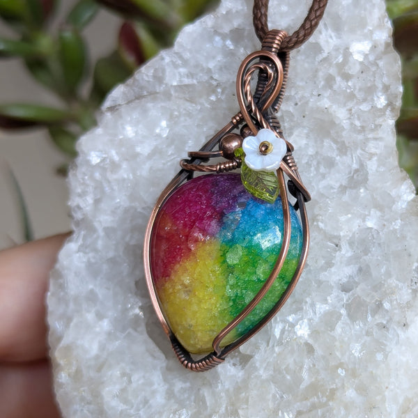 Rainbow Quartz Floral Wire Wrapped Pendant in Oxidized Copper