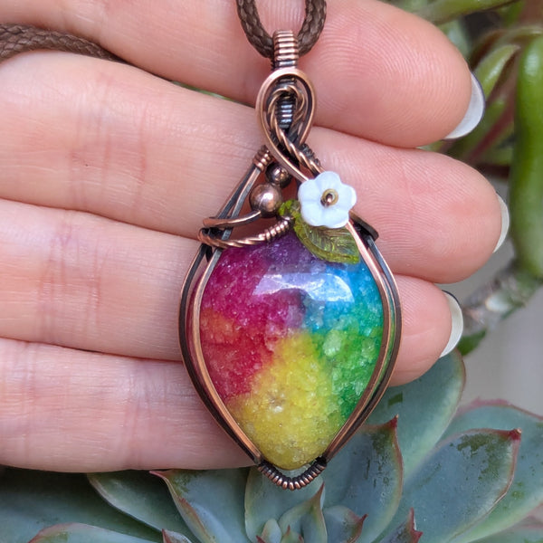 Rainbow Quartz Floral Wire Wrapped Pendant in Oxidized Copper