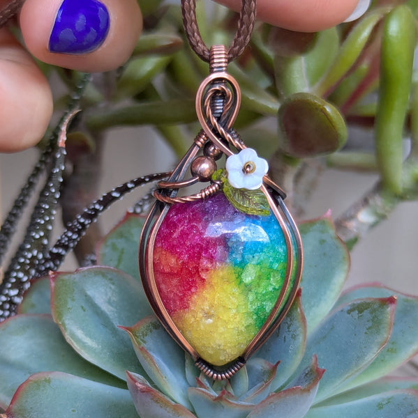 Rainbow Quartz Floral Wire Wrapped Pendant in Oxidized Copper