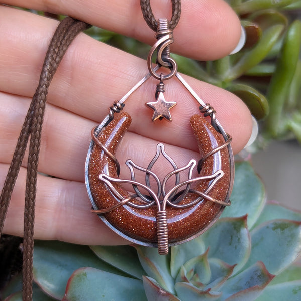 Goldstone Lotus Crescent Moon with Dangle Star Wire Wrapped Pendant in Oxidized Copper