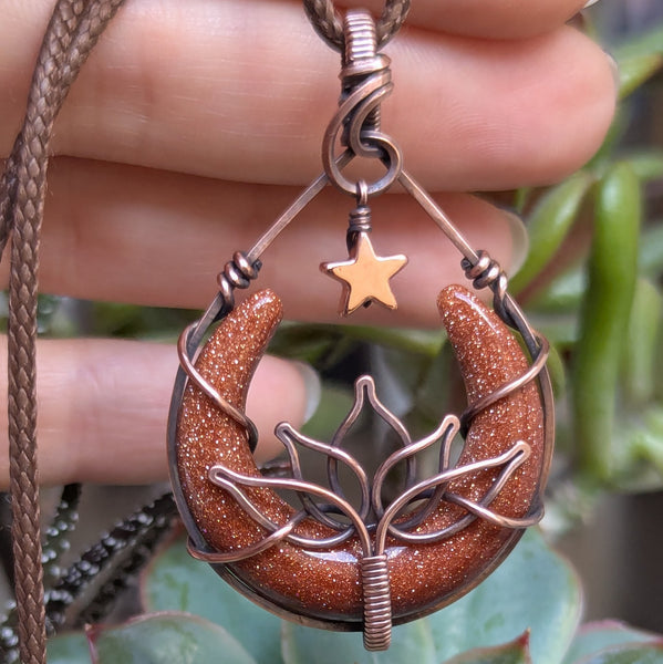 Goldstone Lotus Crescent Moon with Dangle Star Wire Wrapped Pendant in Oxidized Copper