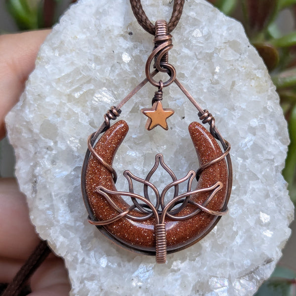 Goldstone Lotus Crescent Moon with Dangle Star Wire Wrapped Pendant in Oxidized Copper
