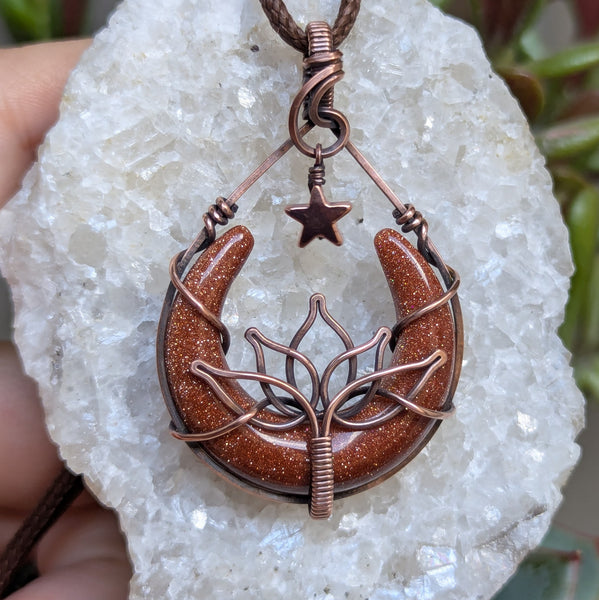 Goldstone Lotus Crescent Moon with Dangle Star Wire Wrapped Pendant in Oxidized Copper