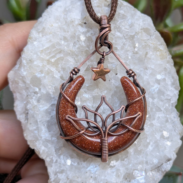 Goldstone Lotus Crescent Moon with Dangle Star Wire Wrapped Pendant in Oxidized Copper