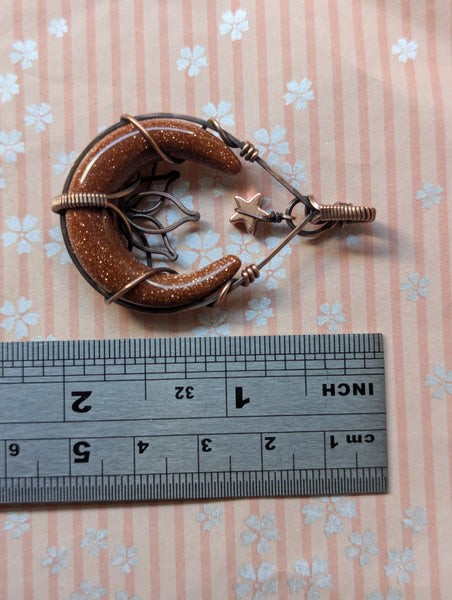 Goldstone Lotus Crescent Moon with Dangle Star Wire Wrapped Pendant in Oxidized Copper