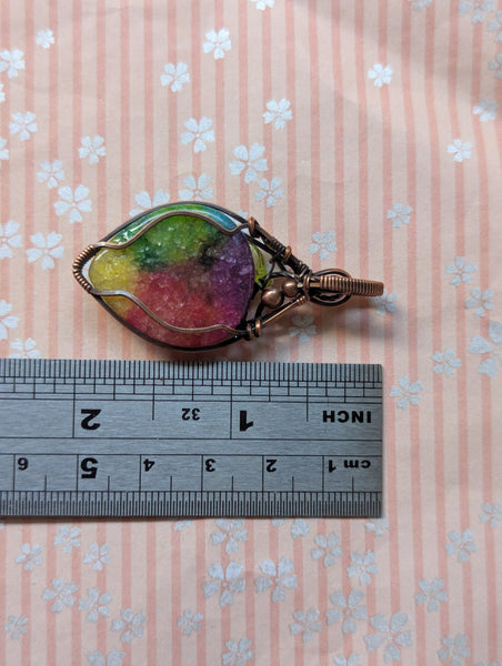 Rainbow Quartz Floral Wire Wrapped Pendant in Oxidized Copper