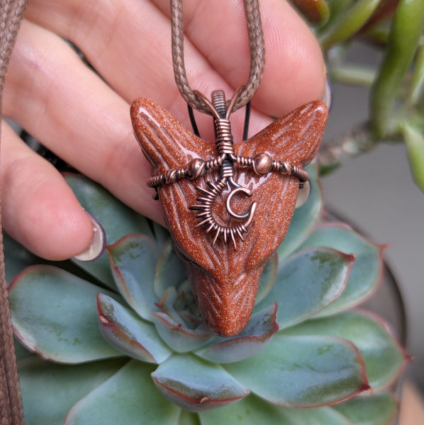 Goldstone Sun/Moon Wolf Head Pendant in Oxidized Copper