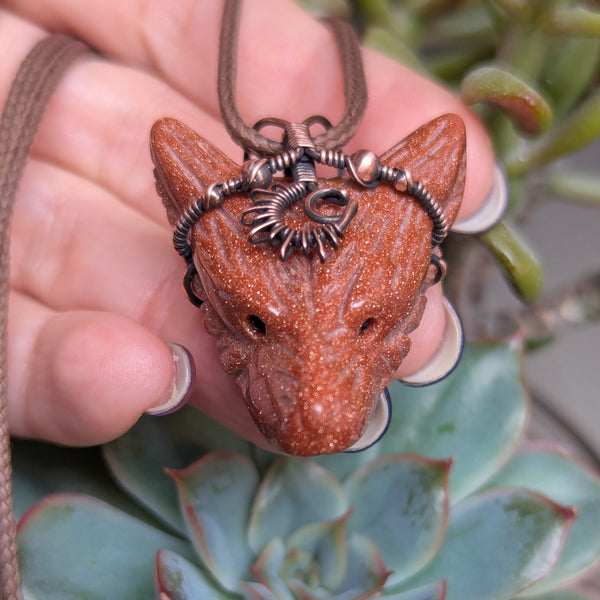 Goldstone Sun/Moon Wolf Head Pendant in Oxidized Copper