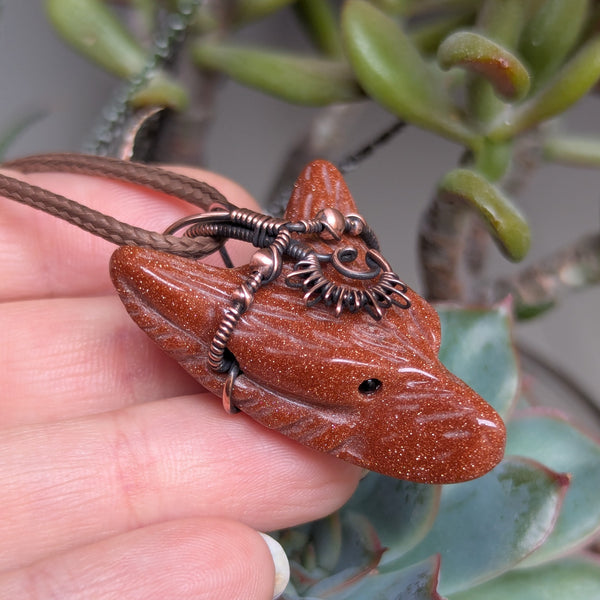 Goldstone Sun/Moon Wolf Head Pendant in Oxidized Copper