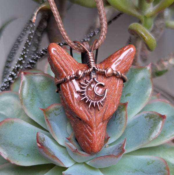 Goldstone Sun/Moon Wolf Head Pendant in Oxidized Copper