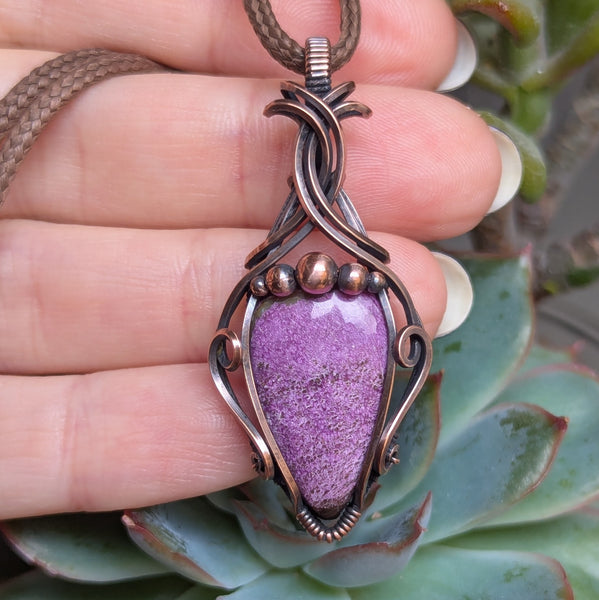 Stichtite Wire Wrapped Pendant in Oxidized Copper