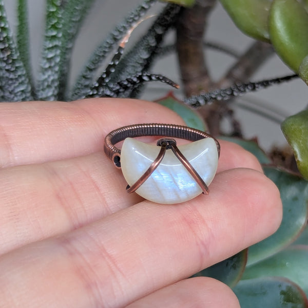 Crescent Moonstone Size 6.5 Ring in Oxidized Copper