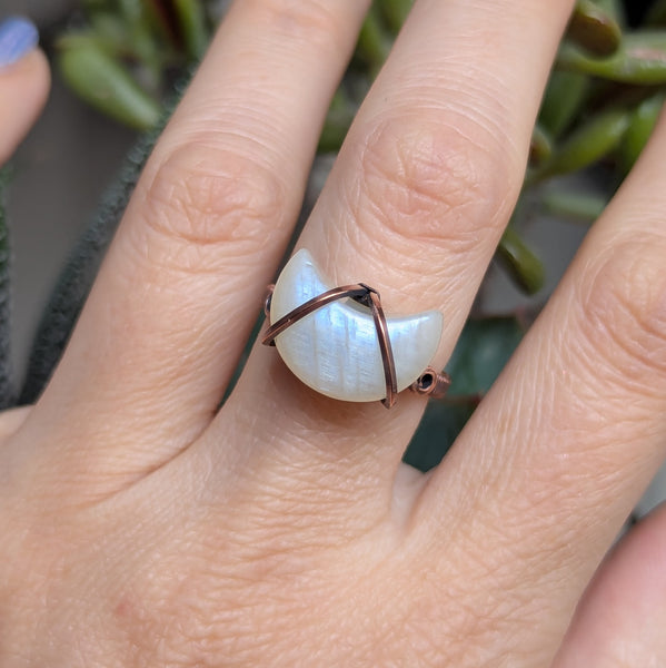 Crescent Moonstone Size 6.5 Ring in Oxidized Copper