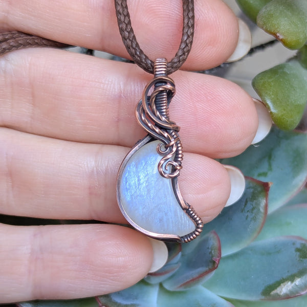 Rainbow Moonstone Crescent Wire Wrapped Pendant in Oxidized Copper