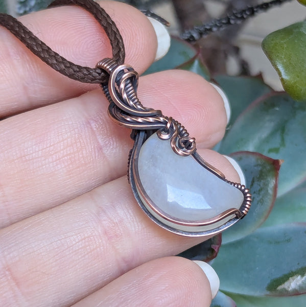 Rainbow Moonstone Crescent Wire Wrapped Pendant in Oxidized Copper