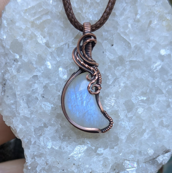 Rainbow Moonstone Crescent Wire Wrapped Pendant in Oxidized Copper