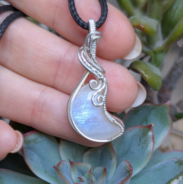 Rainbow Moonstone Crescent Wire Wrapped Pendant in Sterling Silver