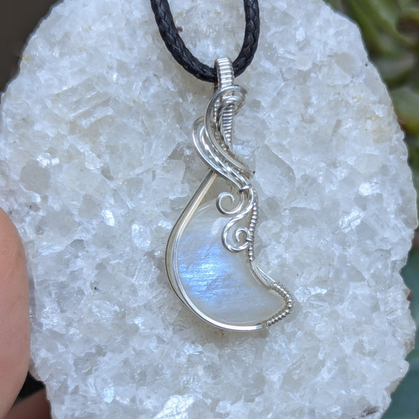 Rainbow Moonstone Crescent Wire Wrapped Pendant in Sterling Silver