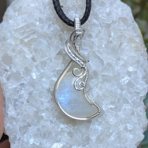Rainbow Moonstone Crescent Wire Wrapped Pendant in Sterling Silver