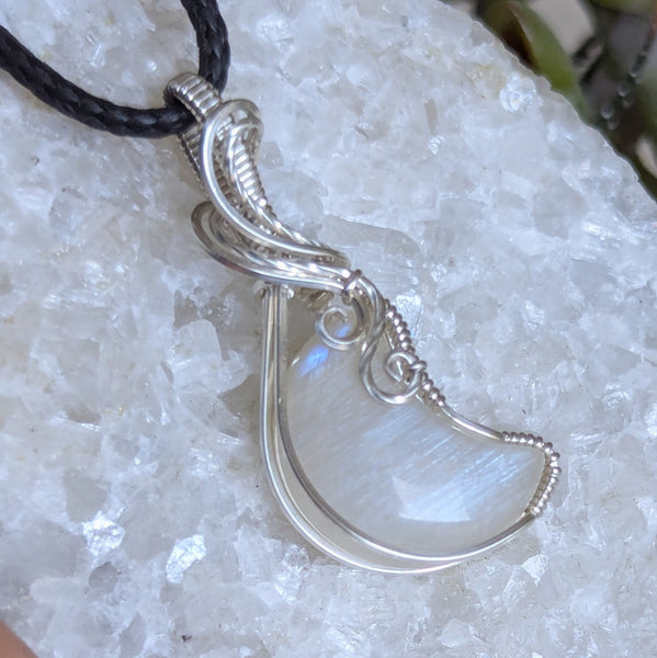 Rainbow Moonstone Crescent Wire Wrapped Pendant in Sterling Silver