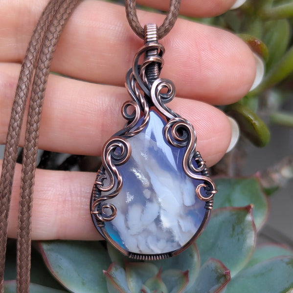 Plume Agate Doublet Wire Wrapped Pendant in Oxidized Copper