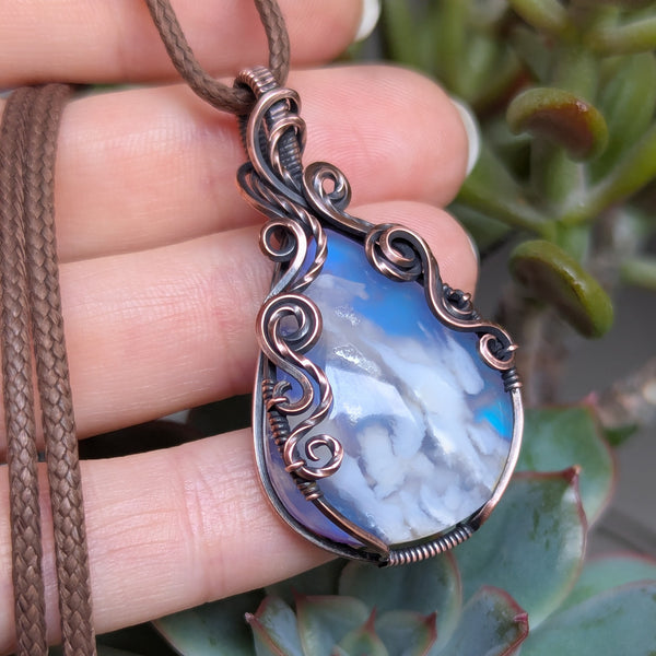 Plume Agate Doublet Wire Wrapped Pendant in Oxidized Copper