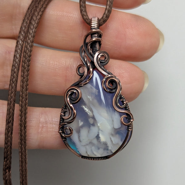 Plume Agate Doublet Wire Wrapped Pendant in Oxidized Copper