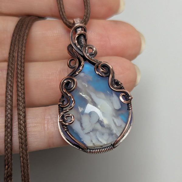 Plume Agate Doublet Wire Wrapped Pendant in Oxidized Copper
