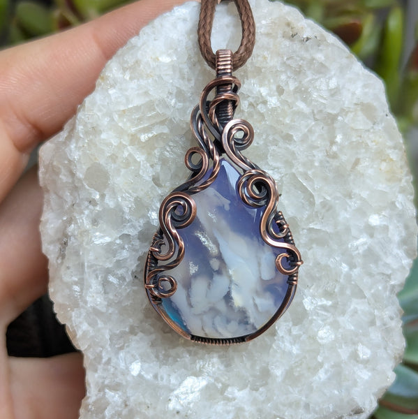 Plume Agate Doublet Wire Wrapped Pendant in Oxidized Copper