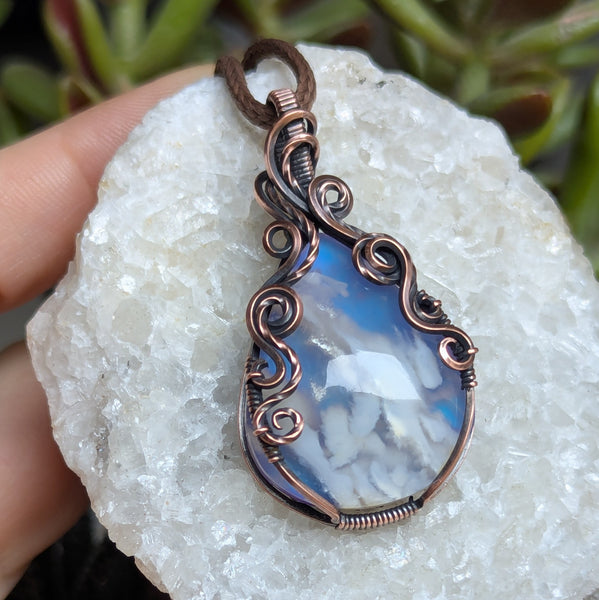 Plume Agate Doublet Wire Wrapped Pendant in Oxidized Copper