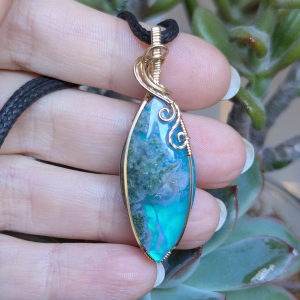 Moss Agate Doublet Wire Wrapped Pendant in Gold-Fill