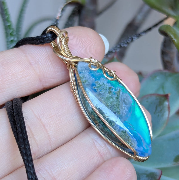 Moss Agate Doublet Wire Wrapped Pendant in Gold-Fill