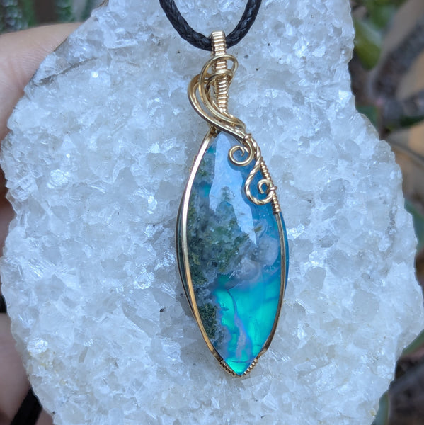 Moss Agate Doublet Wire Wrapped Pendant in Gold-Fill