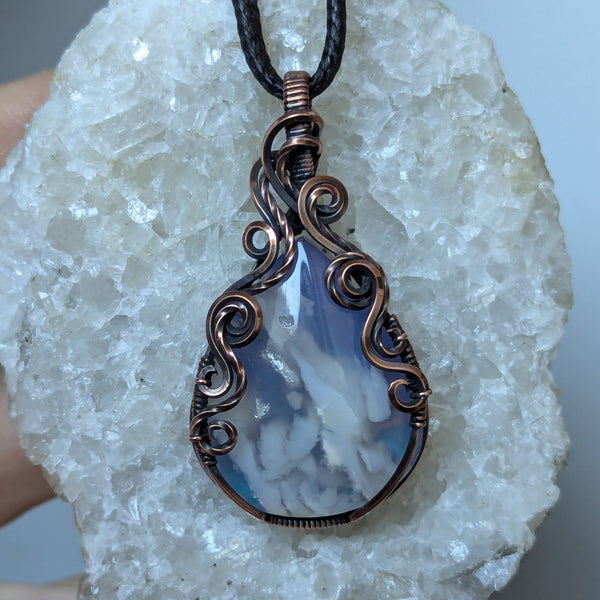 Plume Agate Doublet Wire Wrapped Pendant in Oxidized Copper