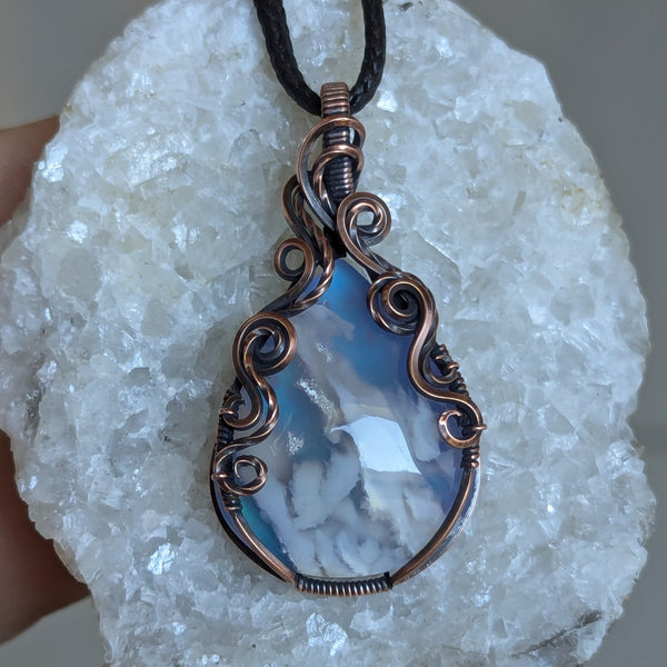 Plume Agate Doublet Wire Wrapped Pendant in Oxidized Copper