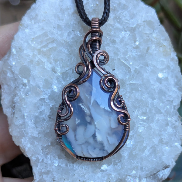 Plume Agate Doublet Wire Wrapped Pendant in Oxidized Copper