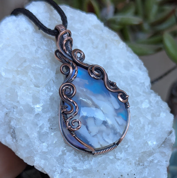 Plume Agate Doublet Wire Wrapped Pendant in Oxidized Copper
