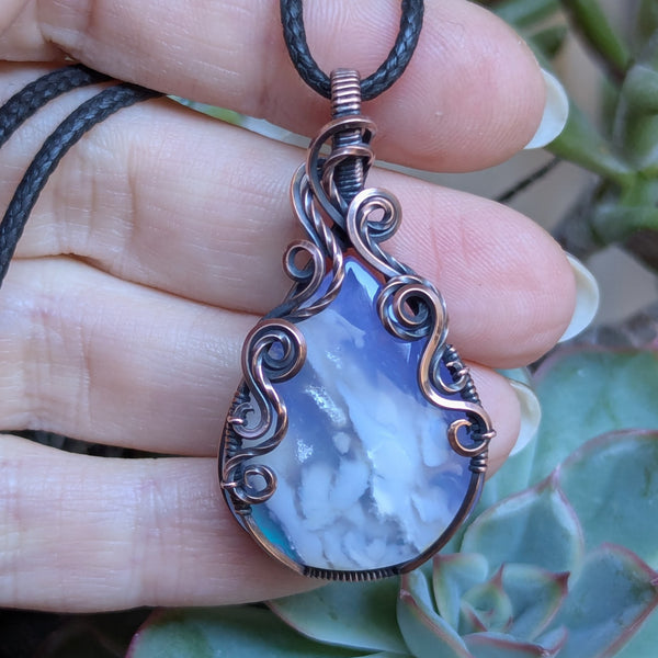 Plume Agate Doublet Wire Wrapped Pendant in Oxidized Copper