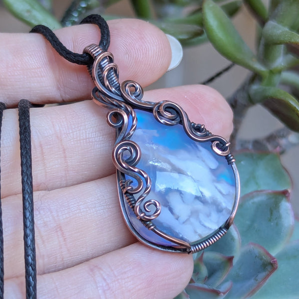 Plume Agate Doublet Wire Wrapped Pendant in Oxidized Copper