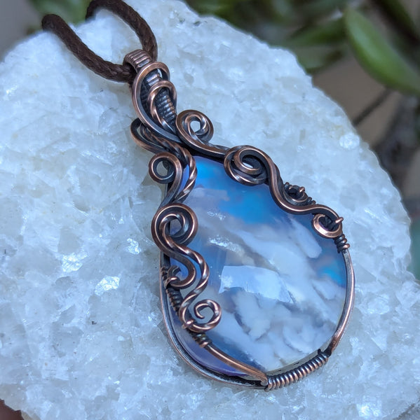 Plume Agate Doublet Wire Wrapped Pendant in Oxidized Copper