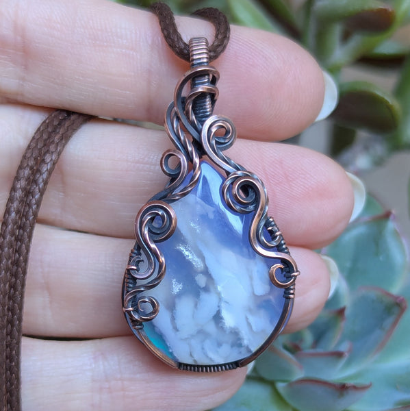 Plume Agate Doublet Wire Wrapped Pendant in Oxidized Copper