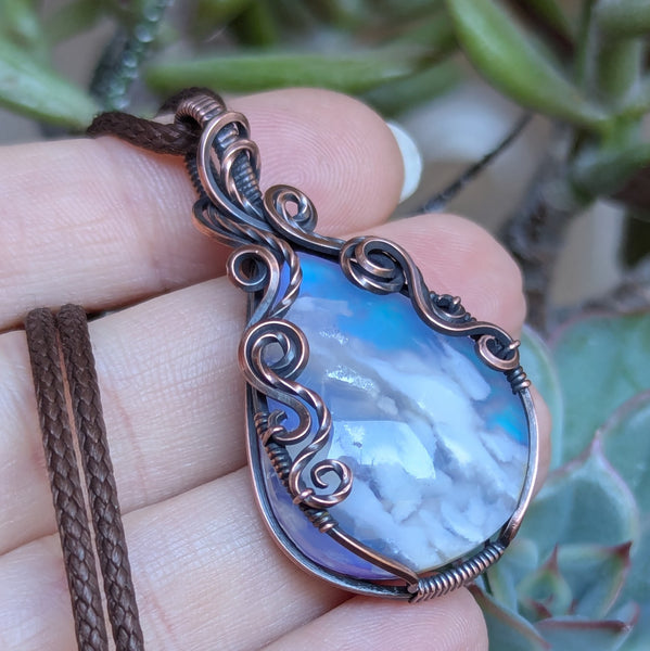 Plume Agate Doublet Wire Wrapped Pendant in Oxidized Copper