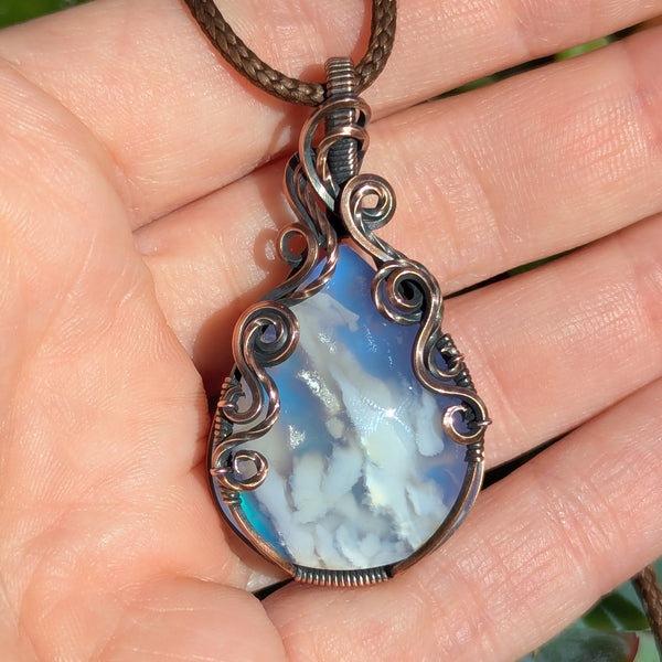 Plume Agate Doublet Wire Wrapped Pendant in Oxidized Copper