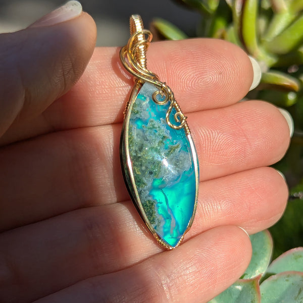 Moss Agate Doublet Wire Wrapped Pendant in Gold-Fill