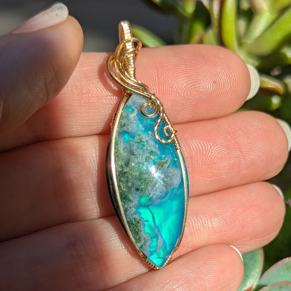 Moss Agate Doublet Wire Wrapped Pendant in Gold-Fill