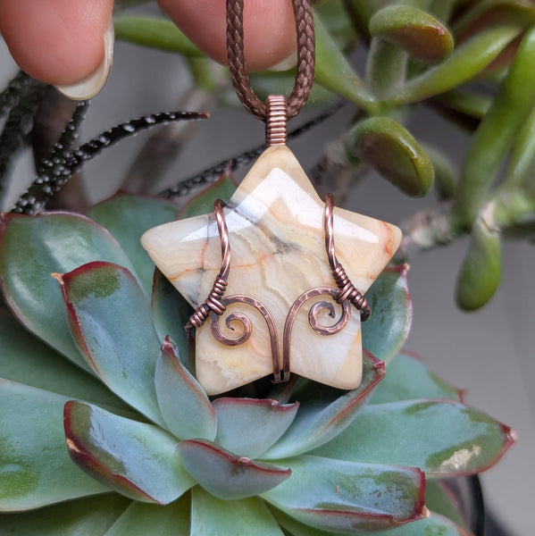 Crazy Lace Agate Star Pendant Wire Wrapped in Oxidized Copper
