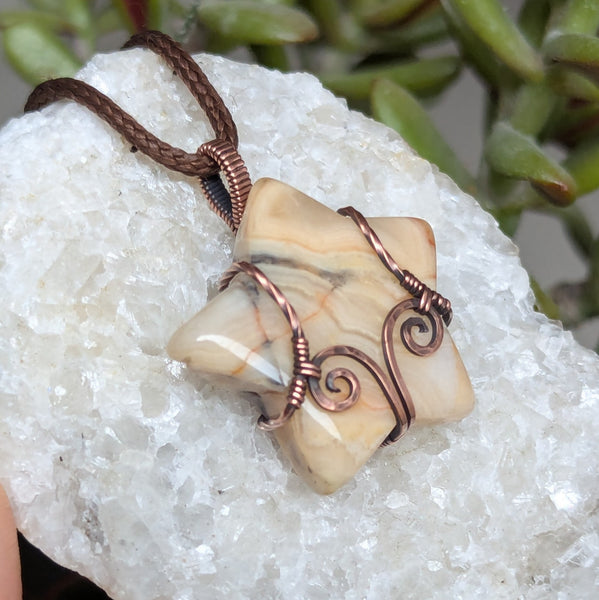 Crazy Lace Agate Star Pendant Wire Wrapped in Oxidized Copper