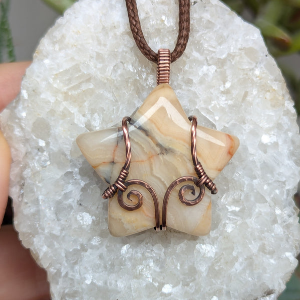 Crazy Lace Agate Star Pendant Wire Wrapped in Oxidized Copper