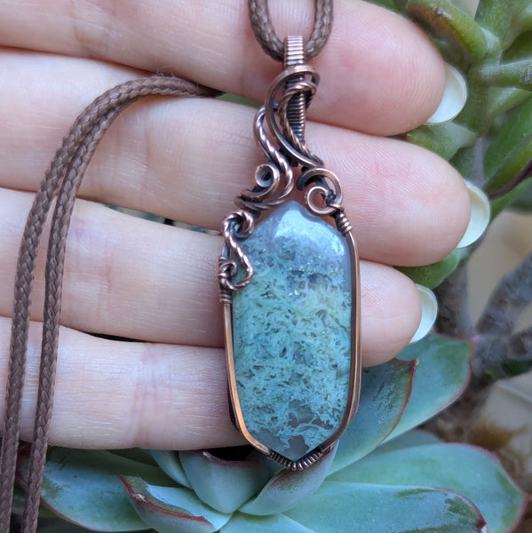 Moss Agate Wire Wrapped Pendant in Oxidized Copper