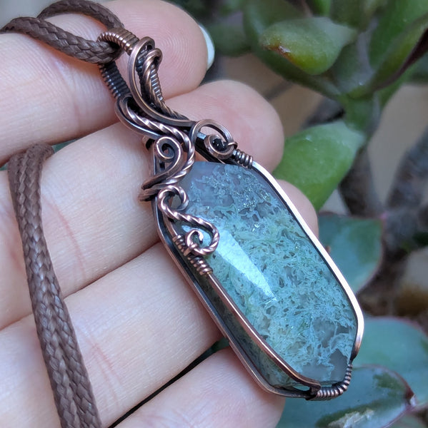 Moss Agate Wire Wrapped Pendant in Oxidized Copper